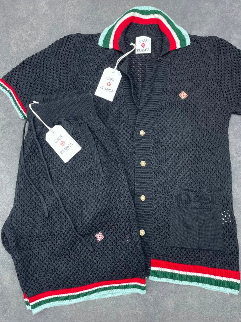 Casablanca Men's Black Crochet Knit Shirt & Shorts Set- Size XXL